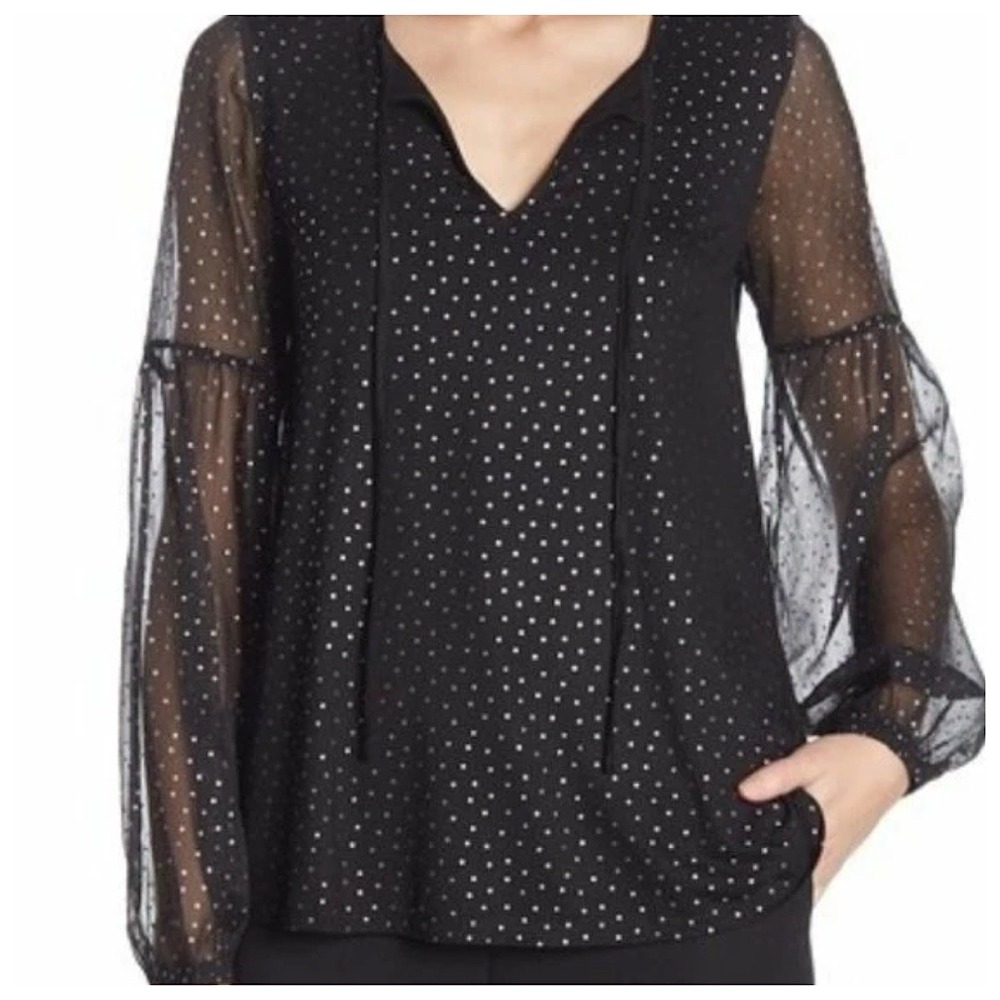 Boden Hazel Metallic Foil Dot Blouse Top Womens Sz 14 Black Sheer Long Sleeves